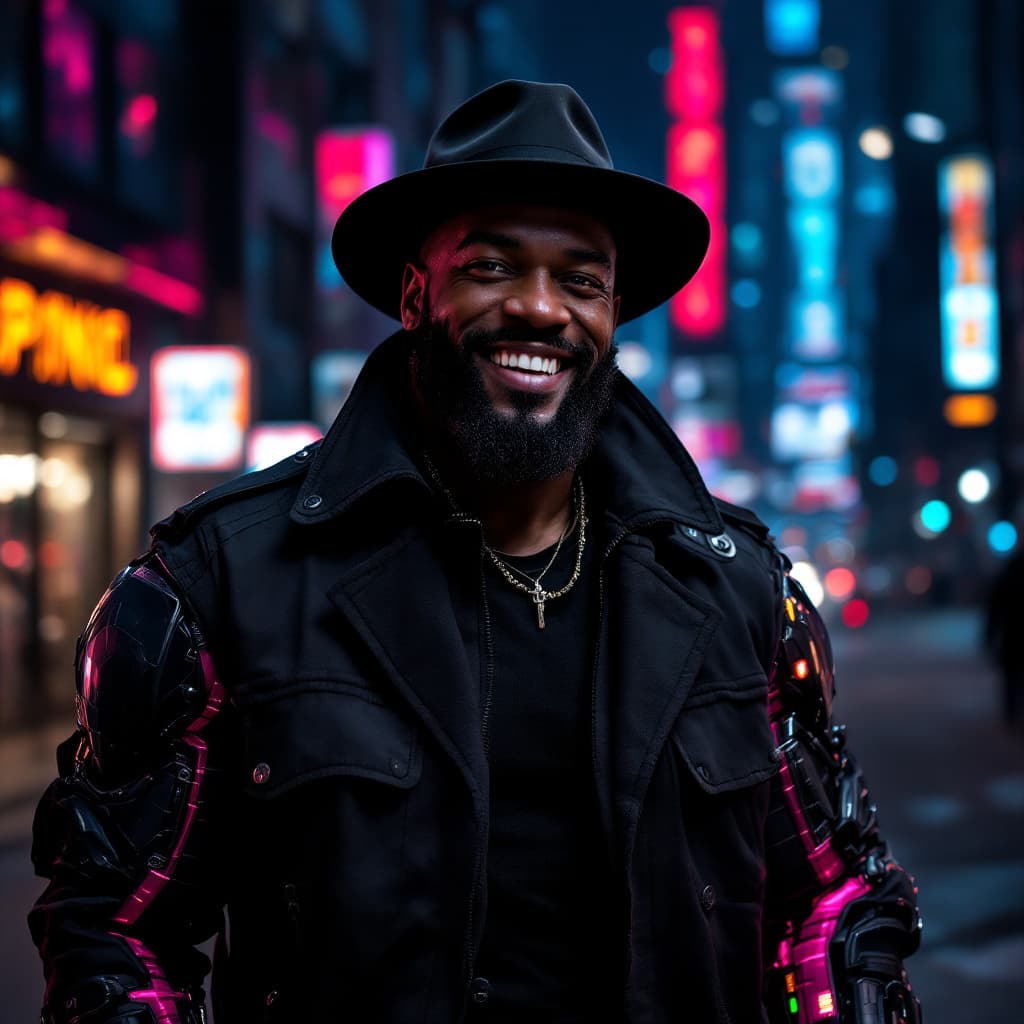 AI generated: photo of a african muscular strong man, beard, smiling, hat, cyberlimbs, cyberarms, black coat, stan...