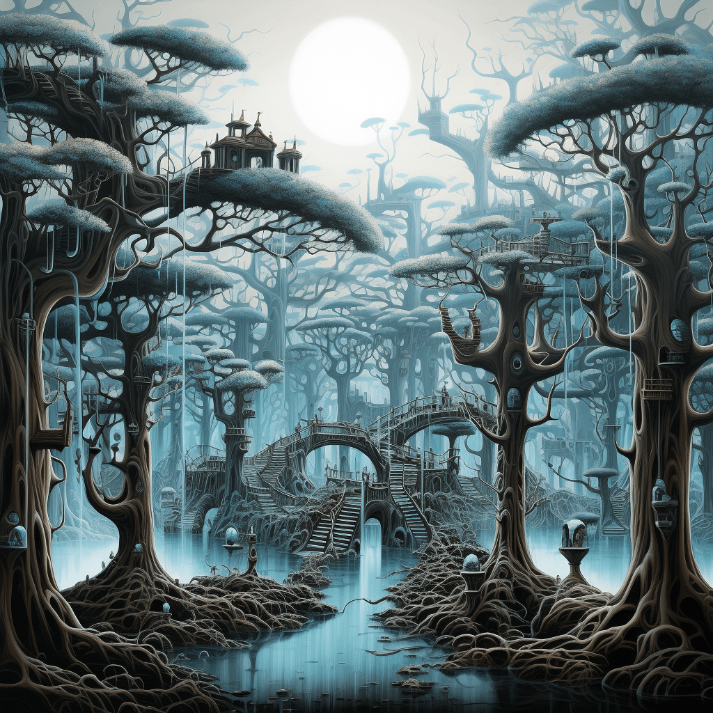 AI generated: the trees in the middle of a dream forest, in the style of fantastical contraptions, dark brown and ...