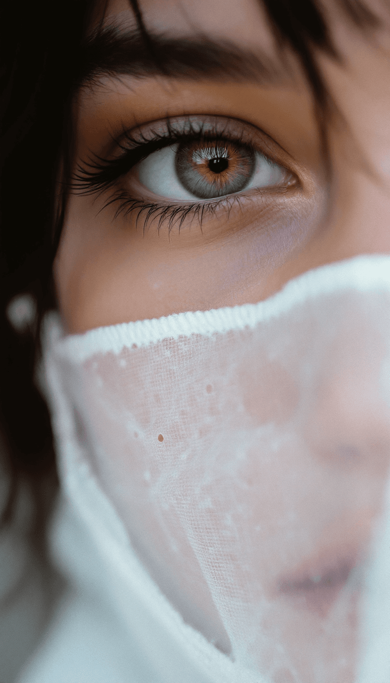 AI generated: close up macro shot, perforated holes in face, white cloth made from fiberoptic cables, depth of fie...