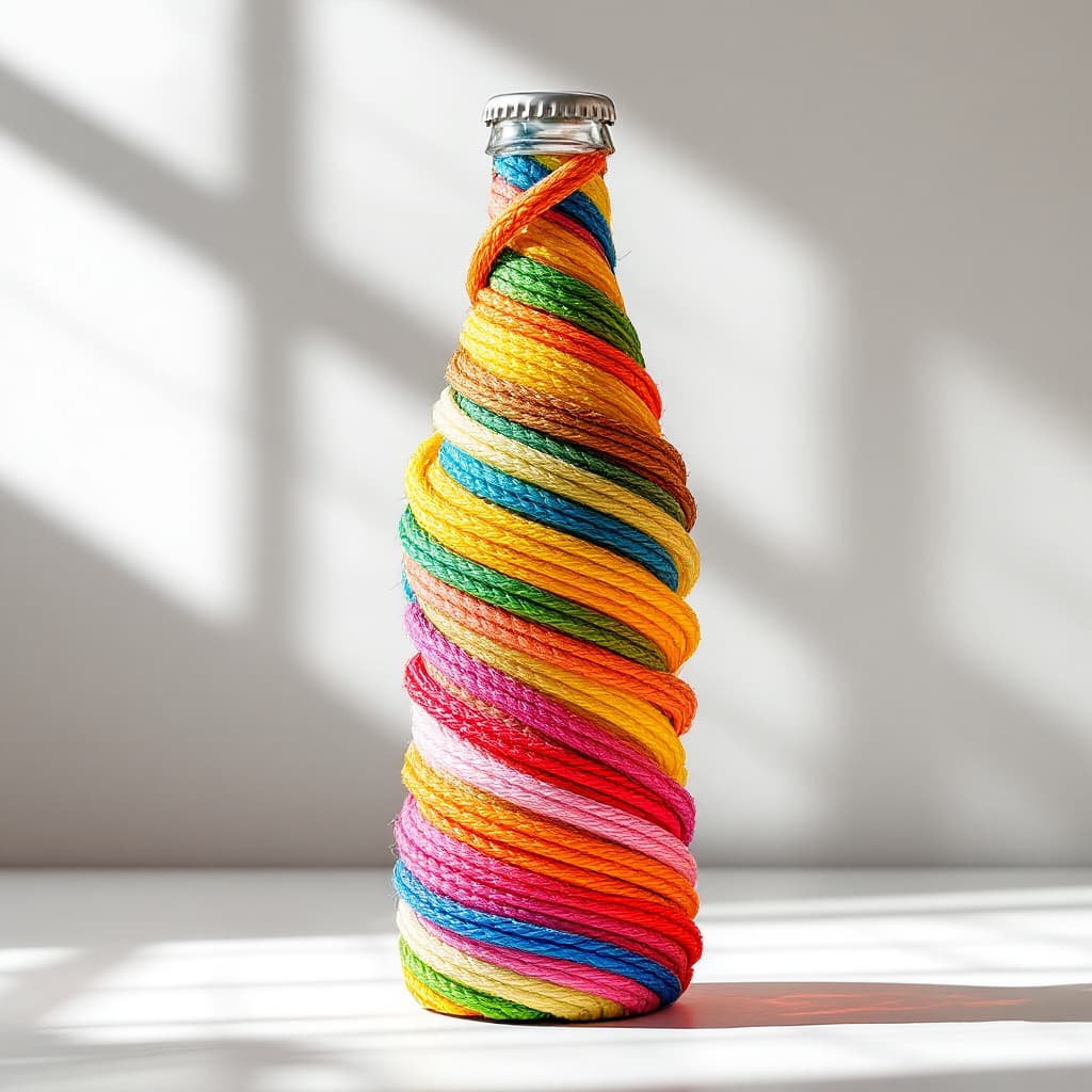 AI generated: high resolution photography, conceptual tropical drink bottle, inspired by rainbow, curved shape for...