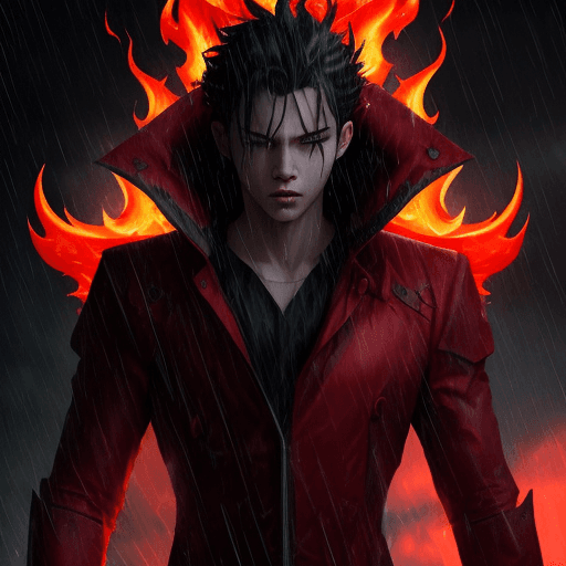 AI generated: young god, Boss, in a rainstorm, thunders in background, scary, 4k, insane, red eyes, flame in the b...
