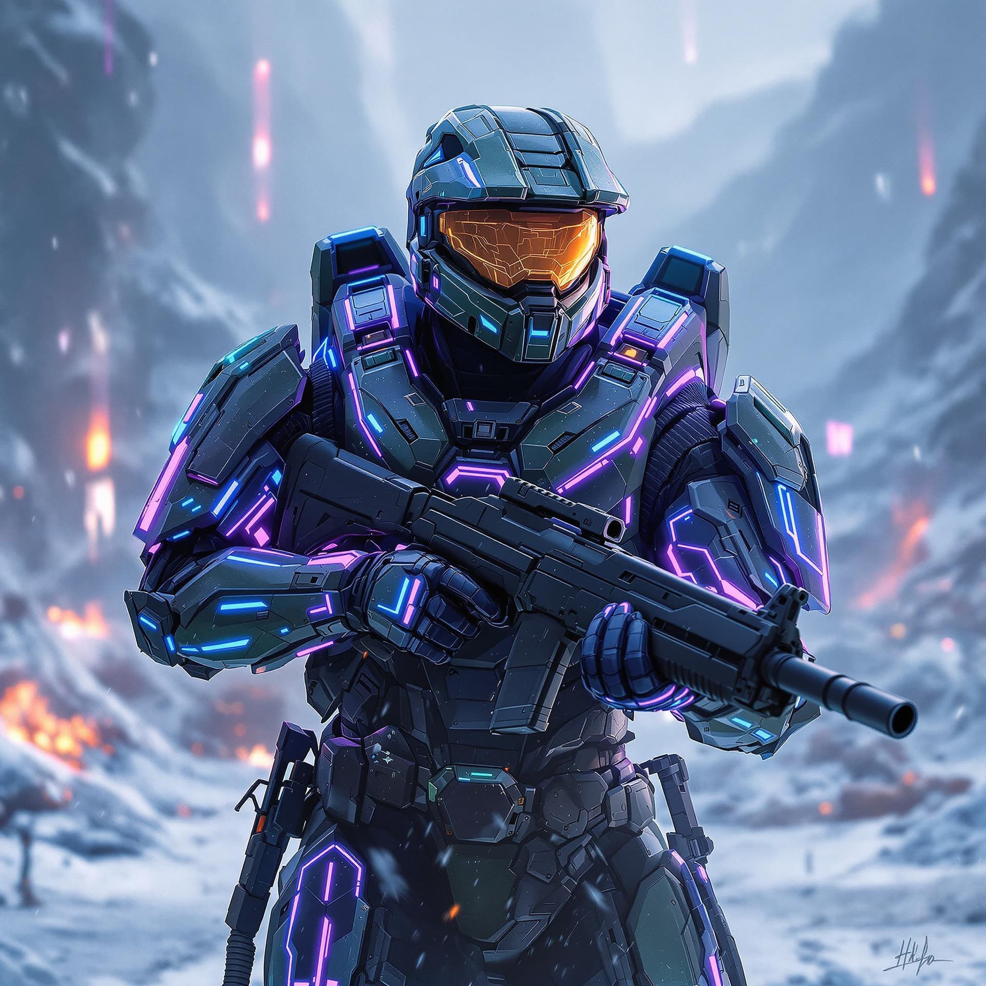 AI generated: Master chief from halo infinite in a military pose with his unsc shotgun in his hands, the setting i...