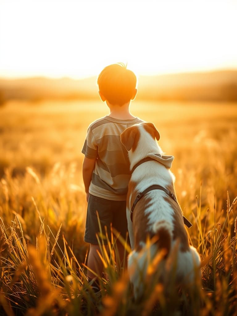 AI generated: Photorealistic Image of a Lonely Boy and Dog in Sunny Field, Golden Hour Lighting, Soft Focus, High ...