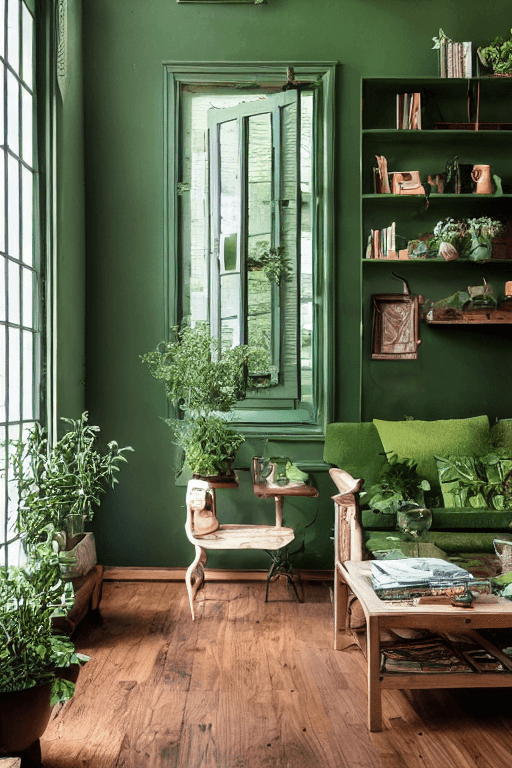 AI generated: high resolution photography interior design, wooden floor, small windows opening onto the garden, ec...