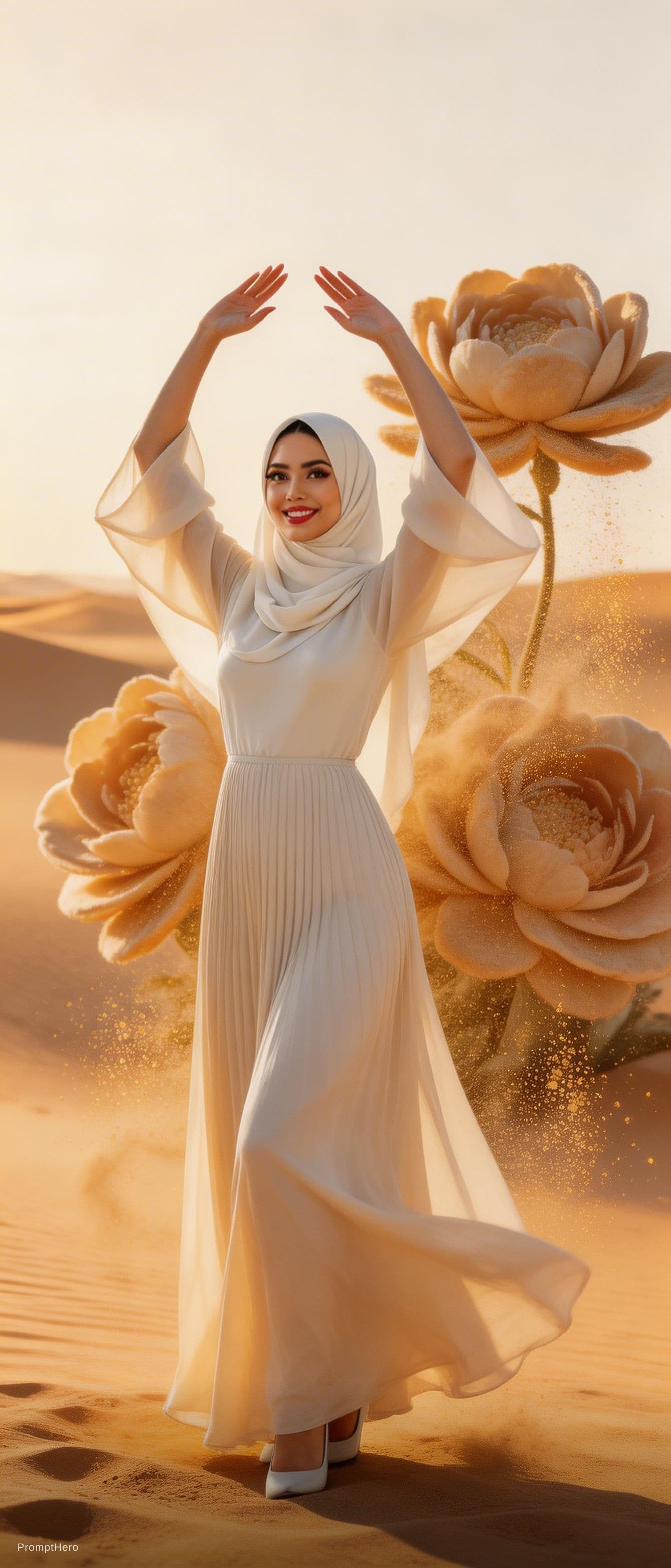 AI generated: Create a video of a mesmerizing dance ritual in the desert. A woman with an expressive face, dressed...