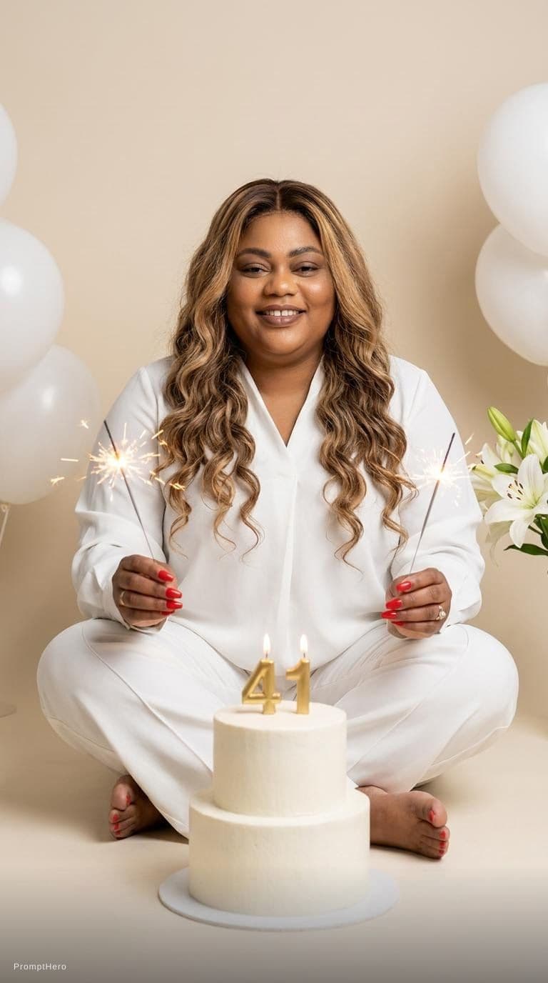 AI generated: Ultra realistic elegant birthday portrait photoshoot of a woman celebrating her 41st birthday, minim...