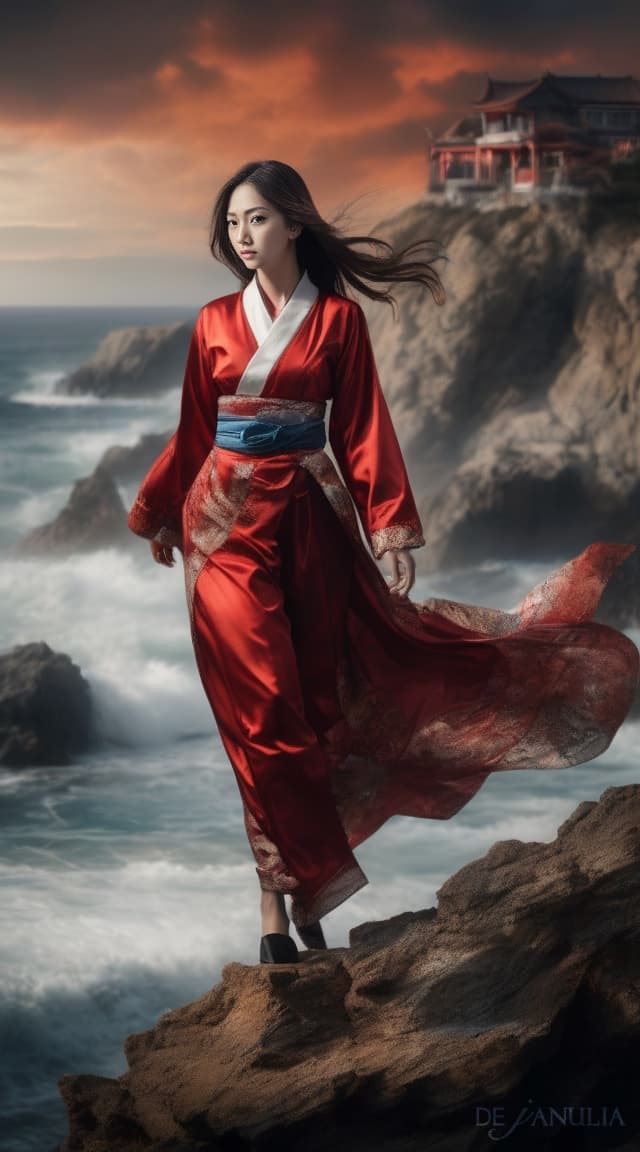 AI generated:  hyper-realistically drawn fantasy japan china asia long dress costumes, beautiful female assassin s...