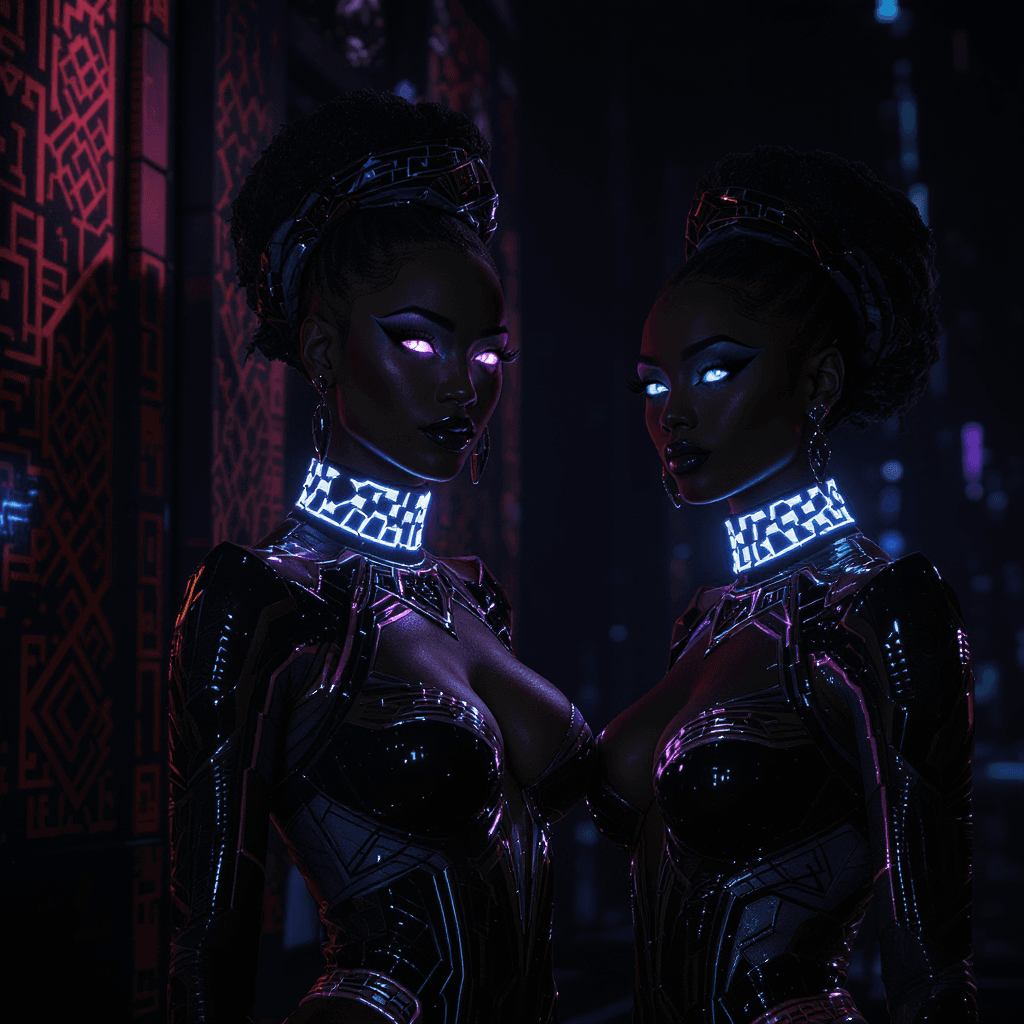 AI generated: 2 Twin Elite Afrofuturist warrior queens in a vibranium Adinkra jumpsuit with glowing obsidian-black...