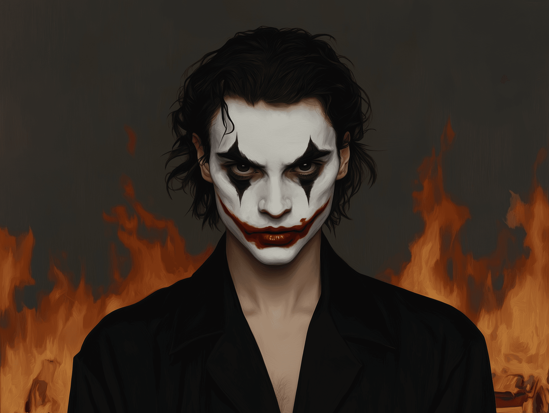 AI generated: Cinematic scene from theJoker in gotham city, with mad expression, burning cars around him, dramatic...
