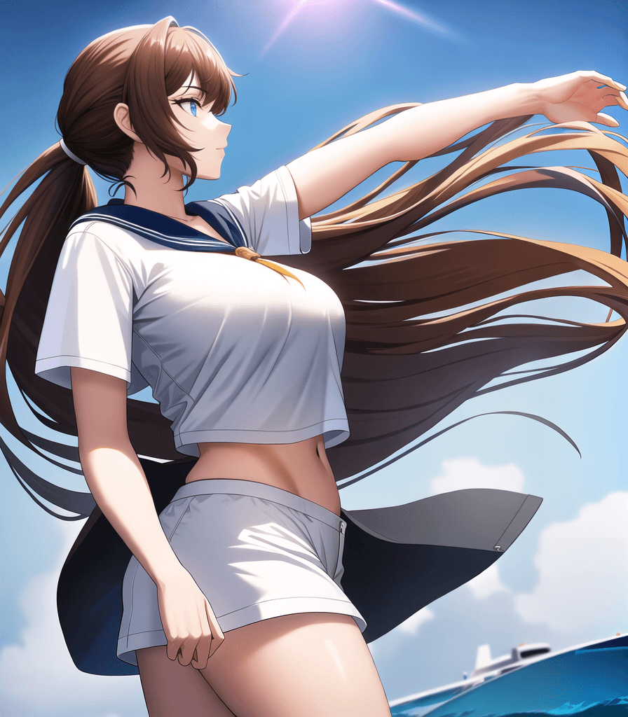 AI generated: (perfect anime illustration), 1girl, low ponytail hair, long brown hair, (huge breasts:1.2), tight c...