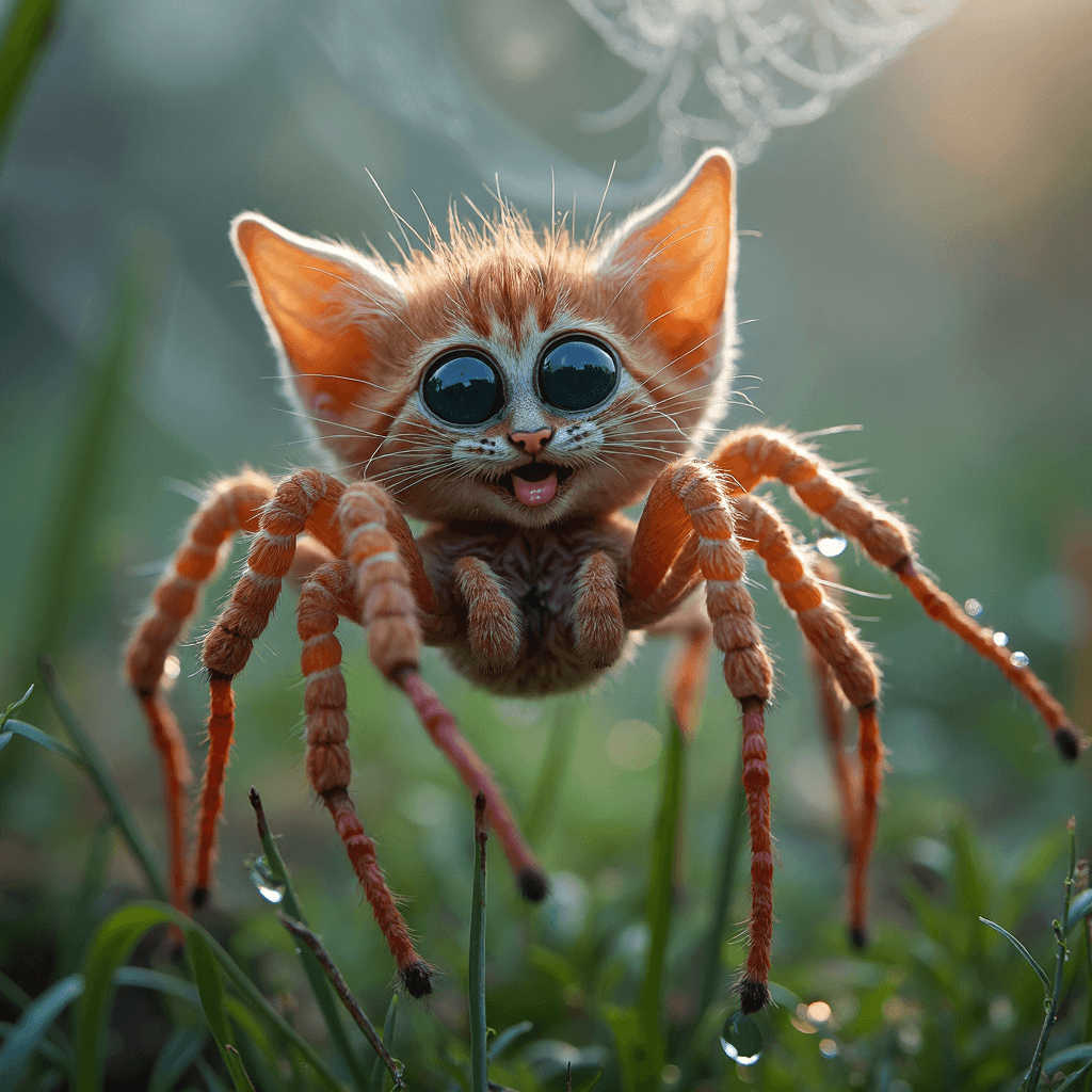 AI generated: a hybrid between kitten and spider, a cat with long spider legs and colorful predator patterns, play...