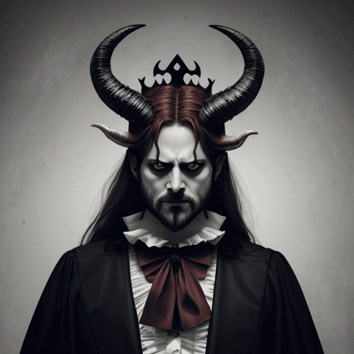 AI generated: king of hell , royal costume ornated , horns on head , scary look