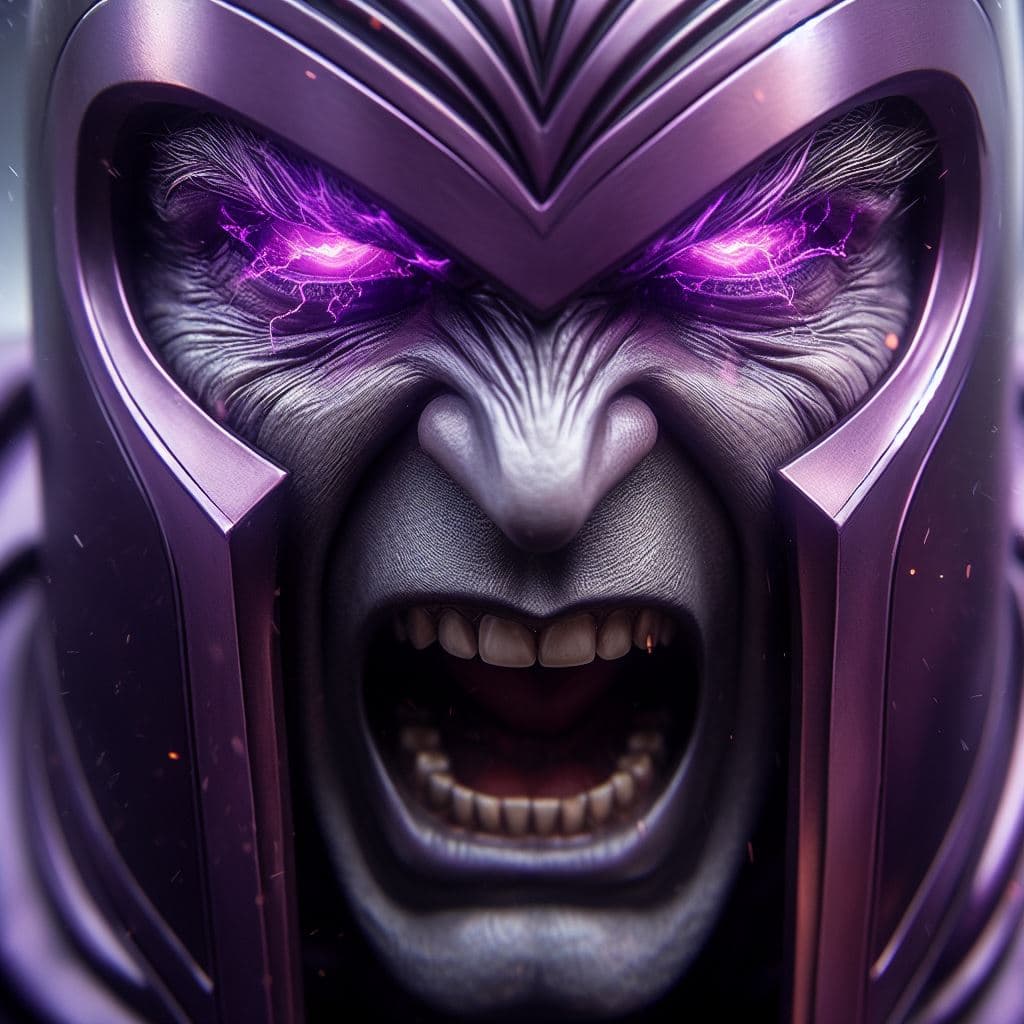 AI generated: Close-up of face of Magneto of marvel screaming, in a fit of rage, purple eyes, Masterpiece, giganti...