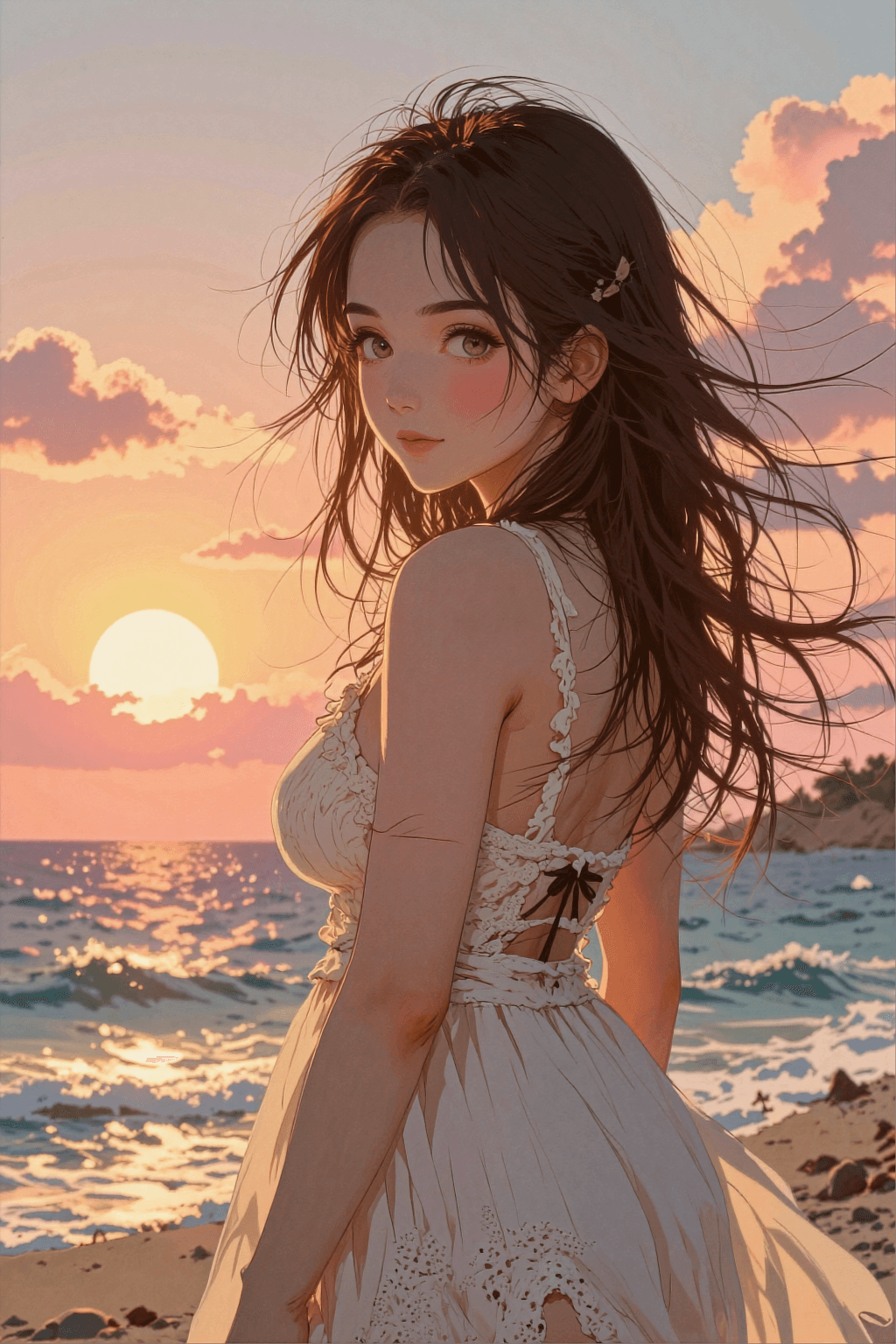 AI generated: A vertical masterpiece anime illustration of a beautiful woman standing on a windswept beach at suns...