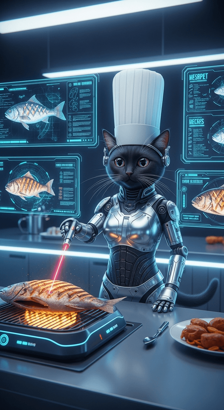 AI generated: A cat in a silver futuristic cybernetic suit with a chef's hat is frying a grilled fish meat that fl...