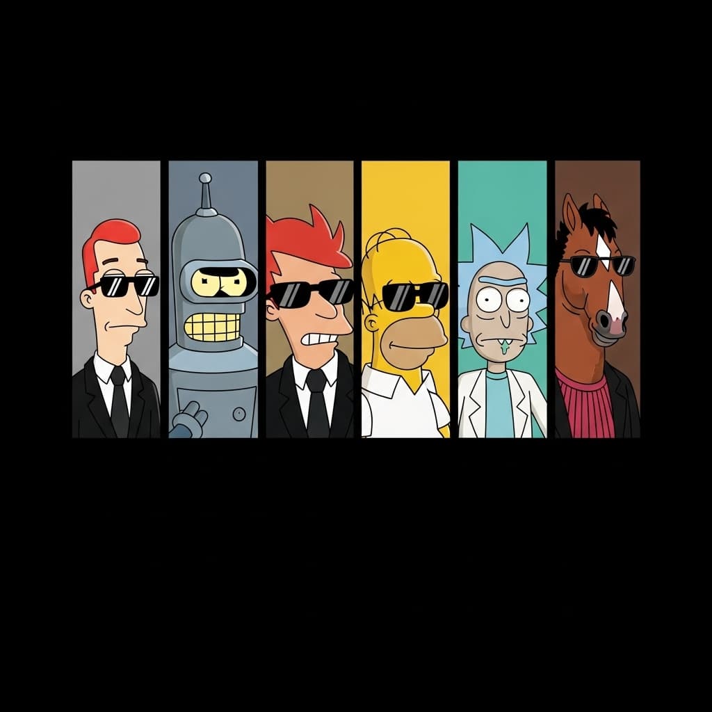 AI generated: Cartoon illustration of Roger from American Dad, Bender from Futurama, Homer Simpson from The Simpso...