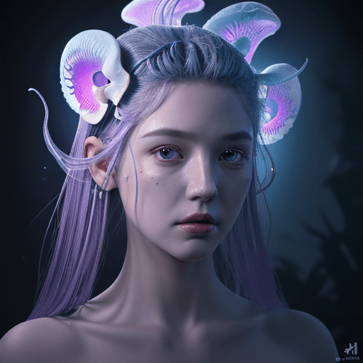 AI generated: Goddess close-up portrait ribcagel. jellyfish phoenix head, nautilus, orchid, skull, betta fish, bio...