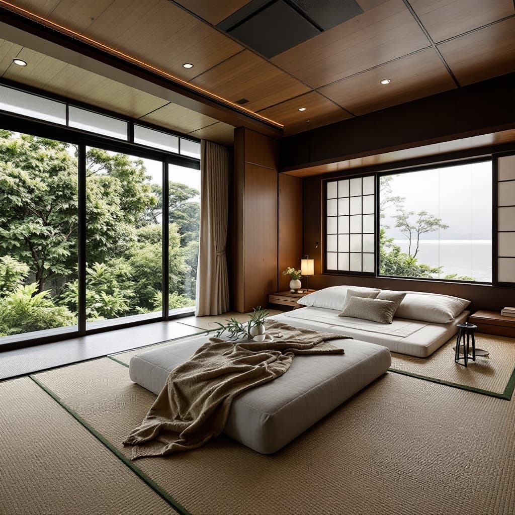 AI generated: a luxury home in tokio where there is traditionnal tatami bedroom with only a futon mattress 

