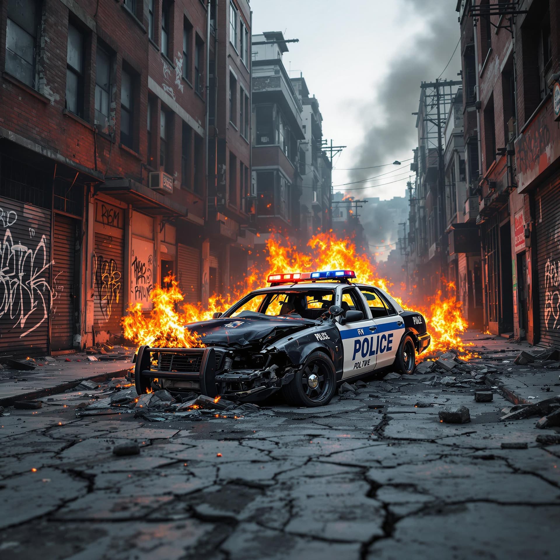 AI generated: destroyed police car broken down in the middle of abandoned urban buildings with some graffiti on th...
