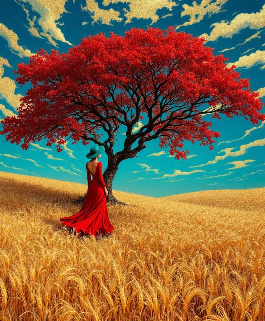 AI generated: prompt:
High - definition digital photography. image metalic golden wheat. contrast red red dress tr...