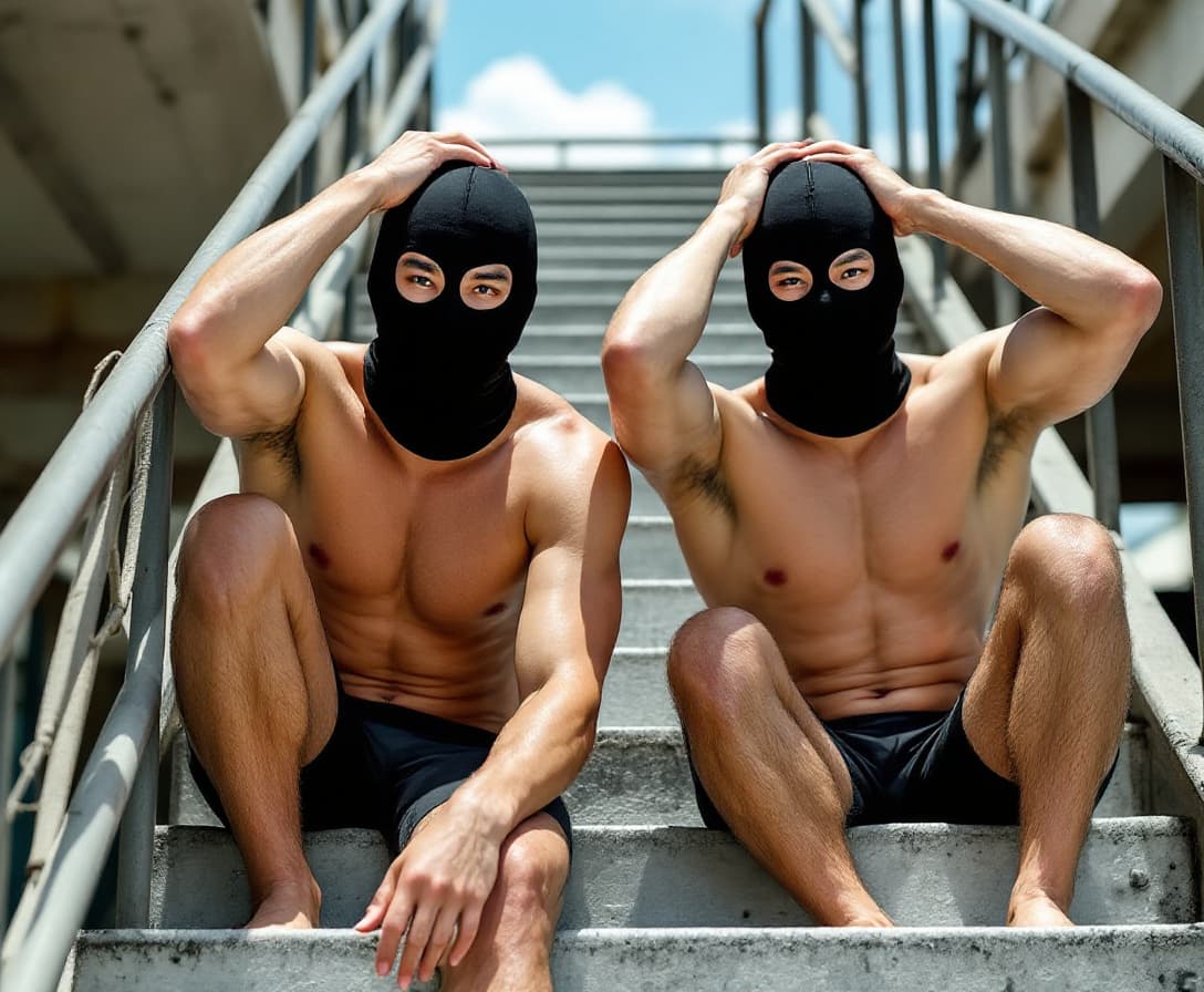 AI generated: Two male Asian Chinese strong swimmers wearing compression jammers were arrested in day time. They a...