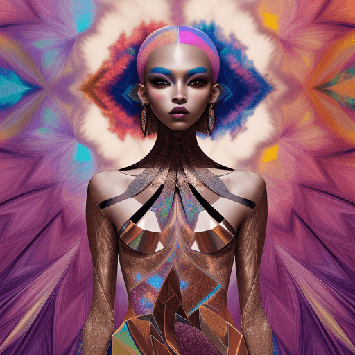 AI generated: Light skin model wearing Kaleidoscopic apparel, triadic palette, bronze textures, fragmented eleganc...