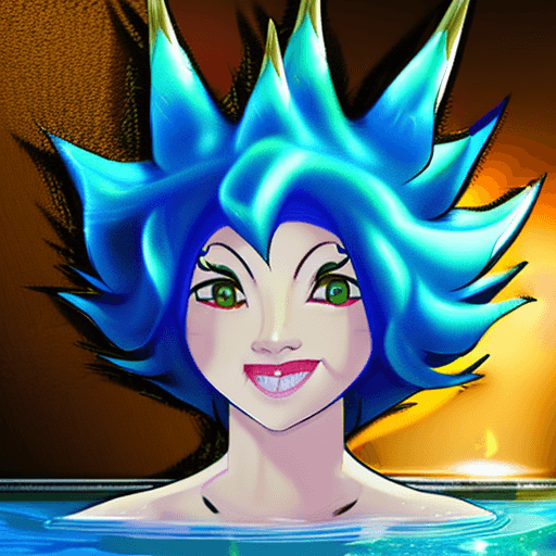 AI generated: furry art, uploaded on e621, furry, anthro, vaporeon, blue hair, in the pool, street background, gre...