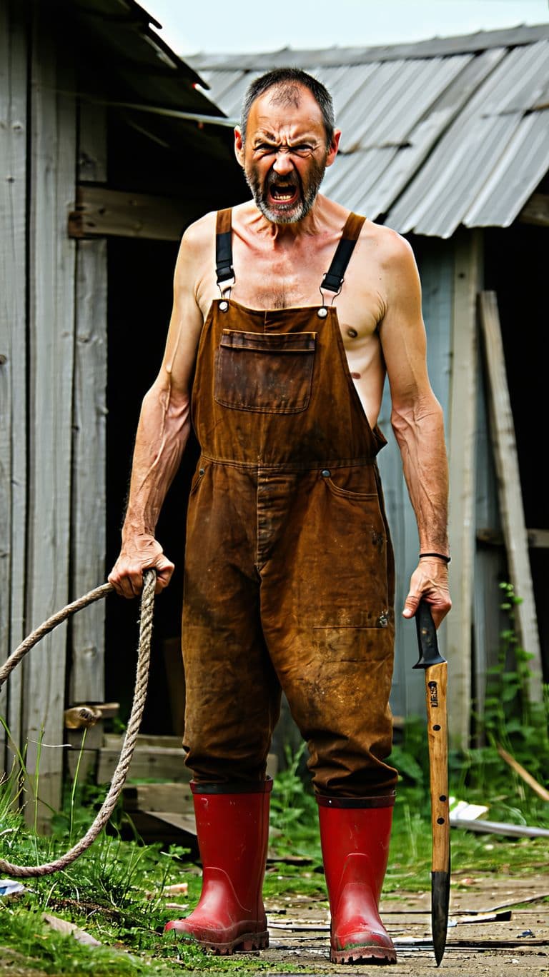 AI generated: UNSHAVED MAN, thin and emaciated, angry look, in brown work clothes, in red rubber boots, holds a wh...