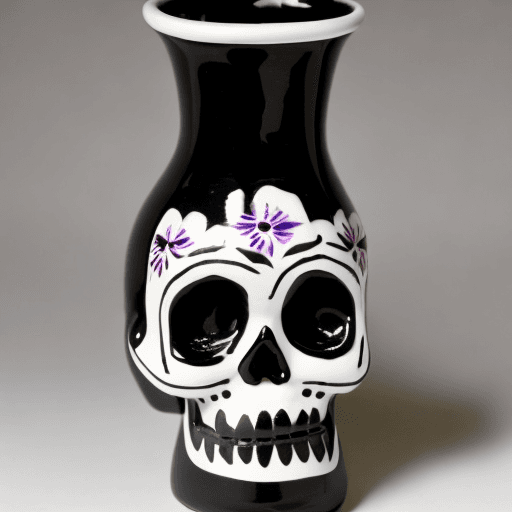 AI generated: ceramic vase, pottery art, day of the dead, black base, small white skull