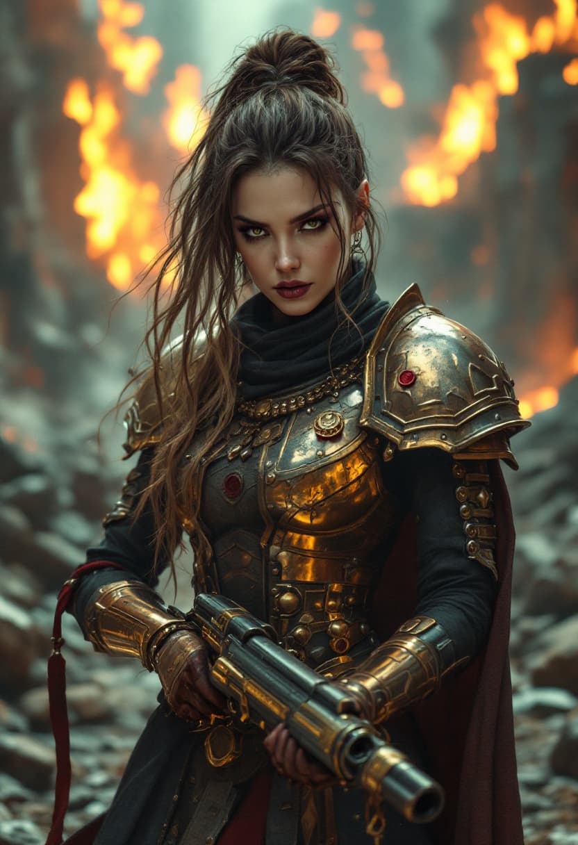 AI generated: high quality photo of standing whsororitas with bolter in hands 1girl, flaming city ruins in backgro...