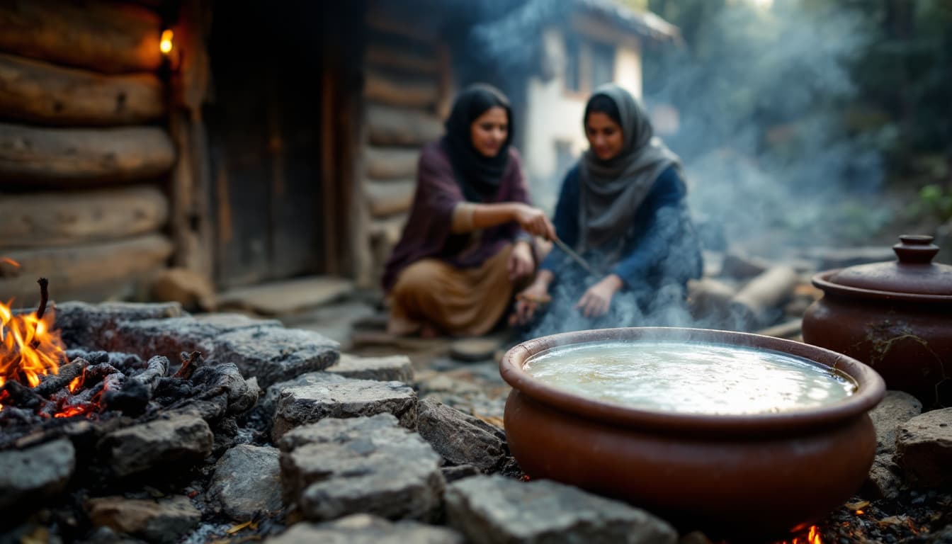 AI generated: Prompt: Close-up of a clay pot simmering with Gilani baghala ghatogh near a wooden house fire pit, a...