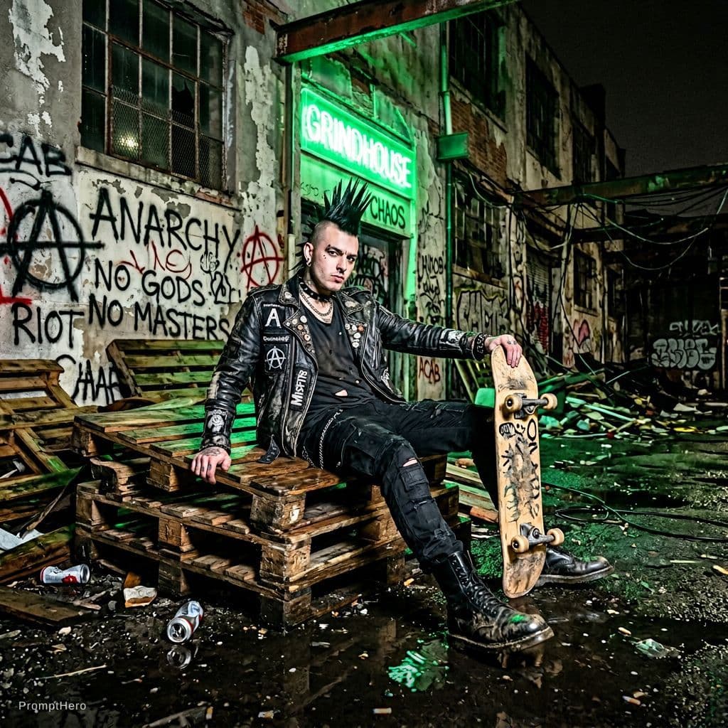 AI generated: Photo-realistic shot of a crumbling warehouse exterior under harsh neon green lights. A male punk wi...