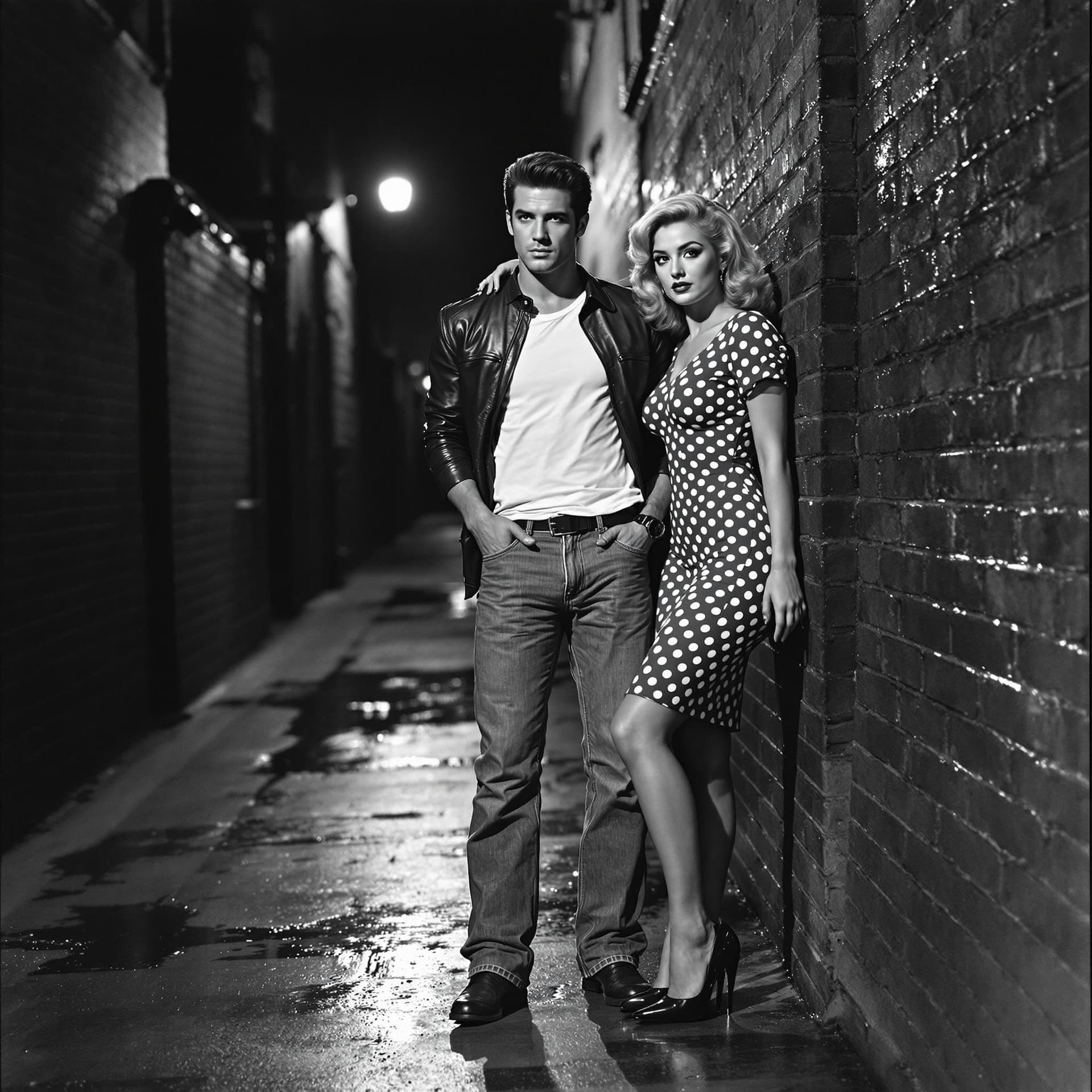 AI generated: "Depict a black-and-white 1950s action movie scene, photographed in the style of vintage film camera...