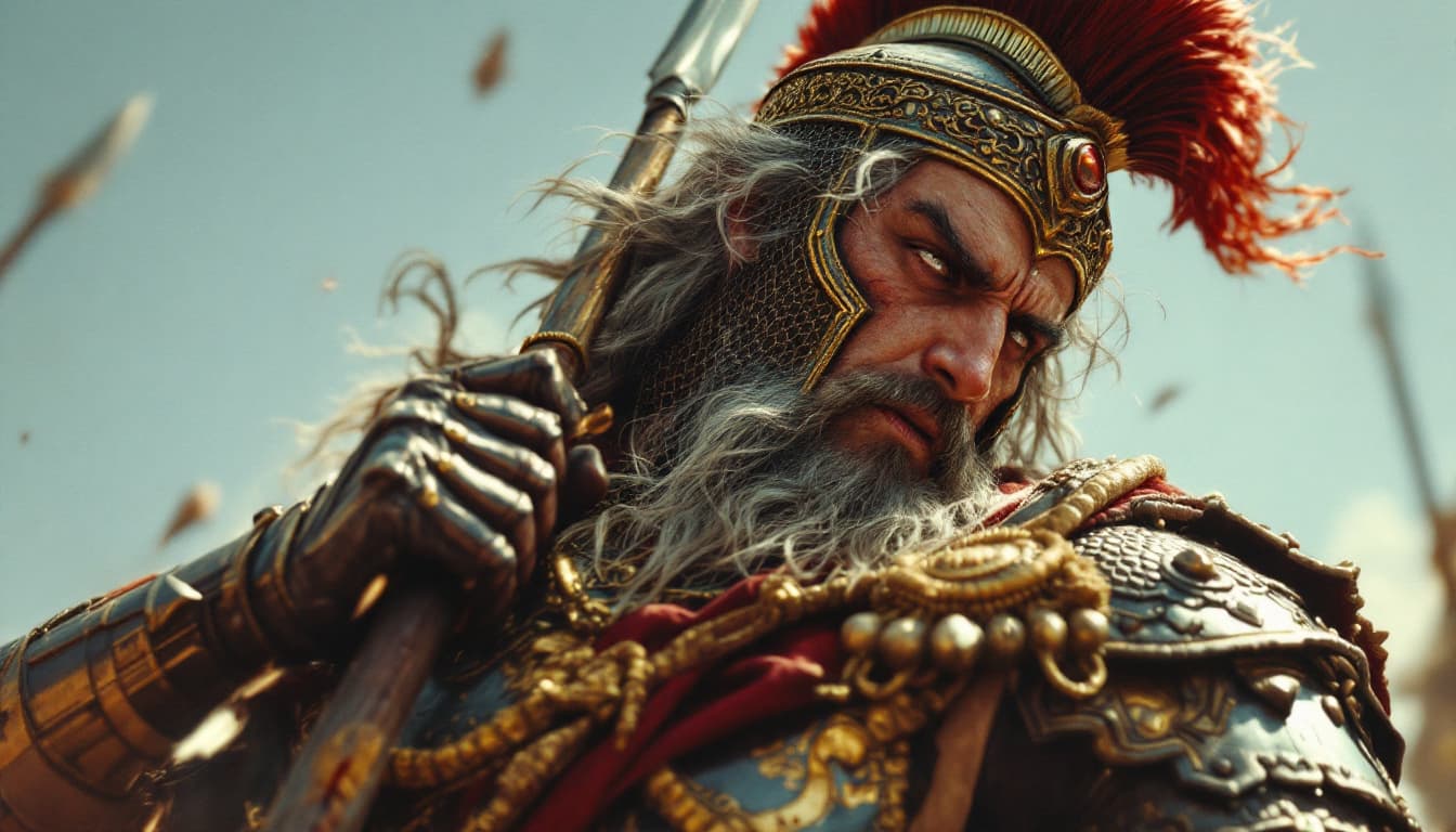 AI generated: Ultra-realistic low-angle shot of Parushat leaning on his spear, deeply wounded by his armor. [Parus...