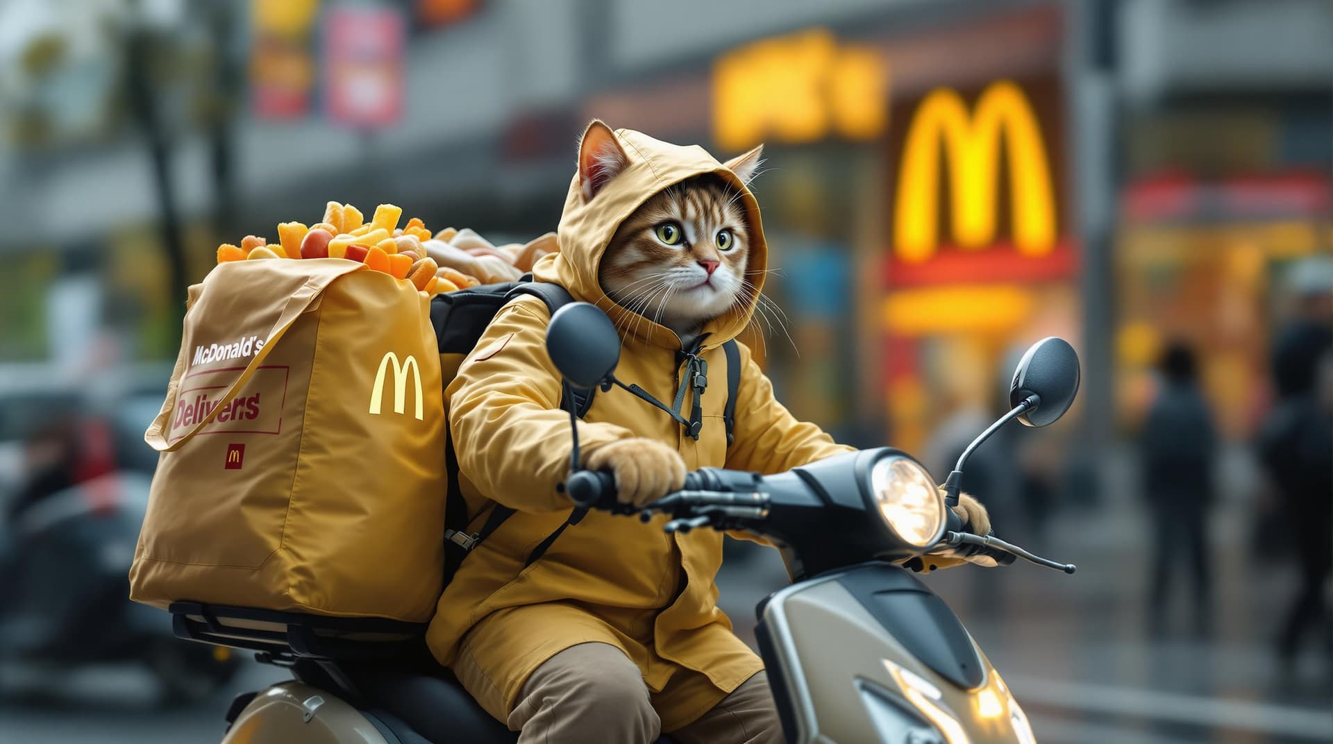 AI generated: Photography,  realistic, a cute cat wearing a McDonald's delivery uniformis riding an electric scoot...