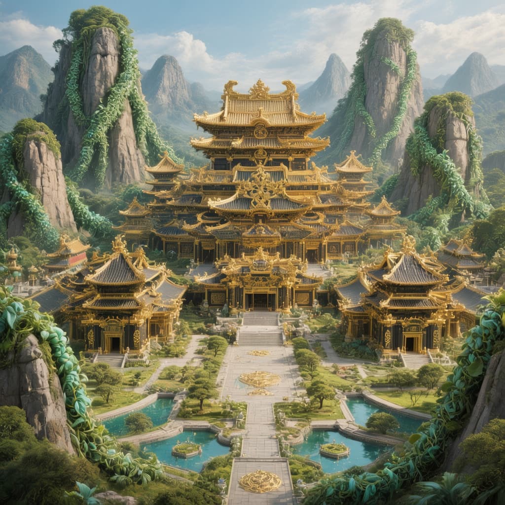 AI generated: Create a massive Chinese style Palace colored Gold and Black with hints of Teal with seven large sep...