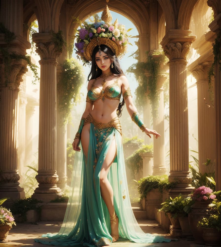 AI generated: God rays (volumetric:1.1) light. (she:1.1) is fully (naked:1.1) lush green vegetation with (intricat...