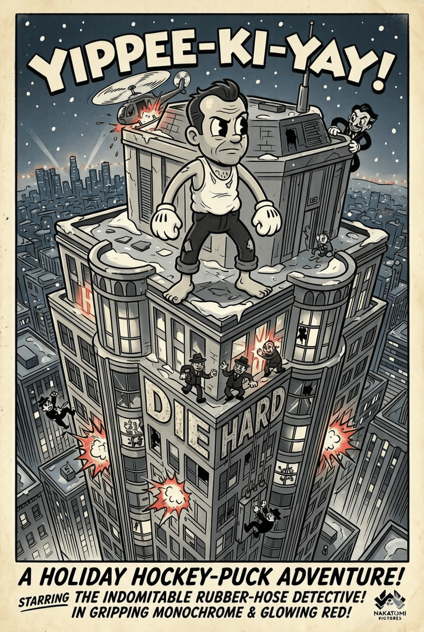 AI generated: Ultra-detailed alternative movie poster, 1930s rubber hose cartoon aesthetic, inspired by the atmosp...