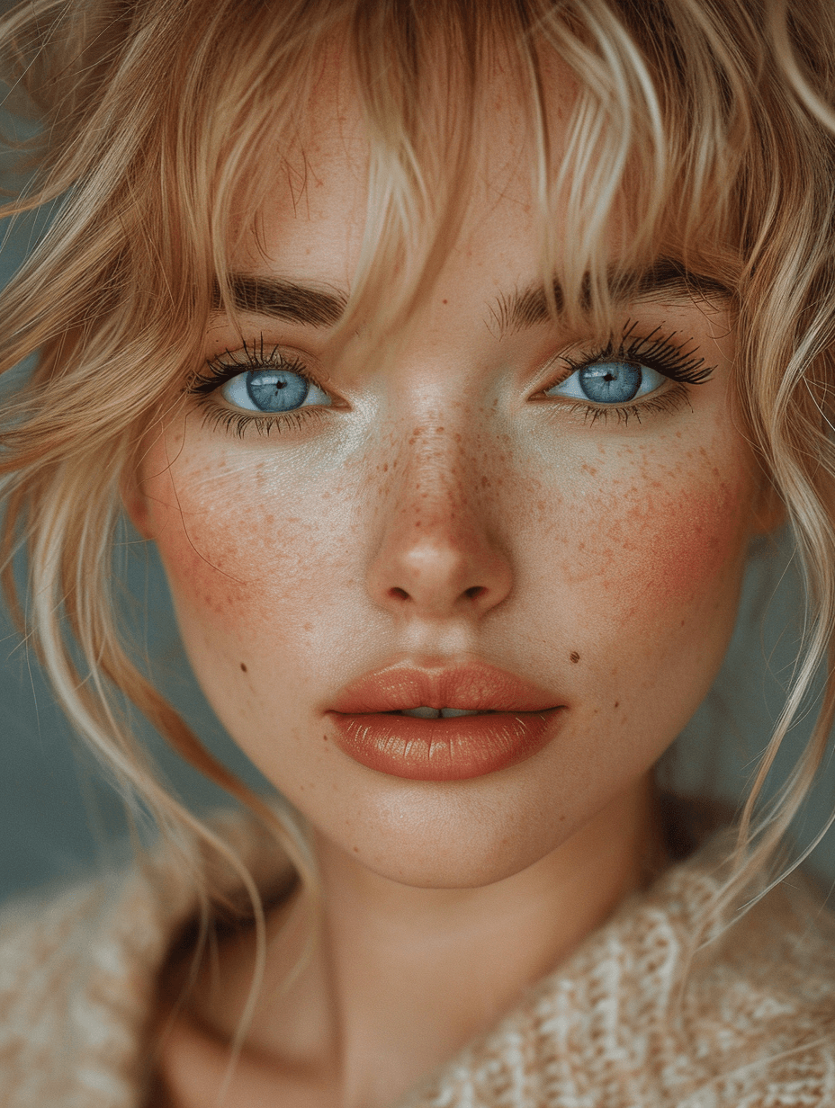 AI generated: a beautiful blonde woman posing with blue eyes, in the style of light maroon and light emerald, pop ...