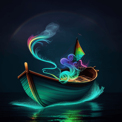 AI generated: A FISH IN A BOAT FLOATING HELL AT NIGHT WITH SKY FILLED WITH RAINBOW NEON SMOKE SWIRLS