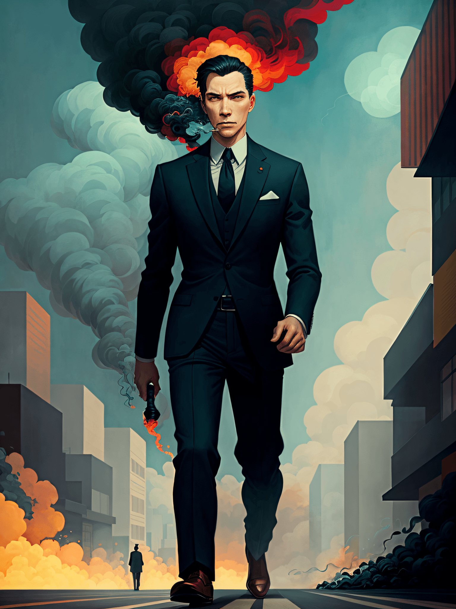 AI generated: a man in a suit is walking down the street with smoke coming out of his mouth by Victo Ngai