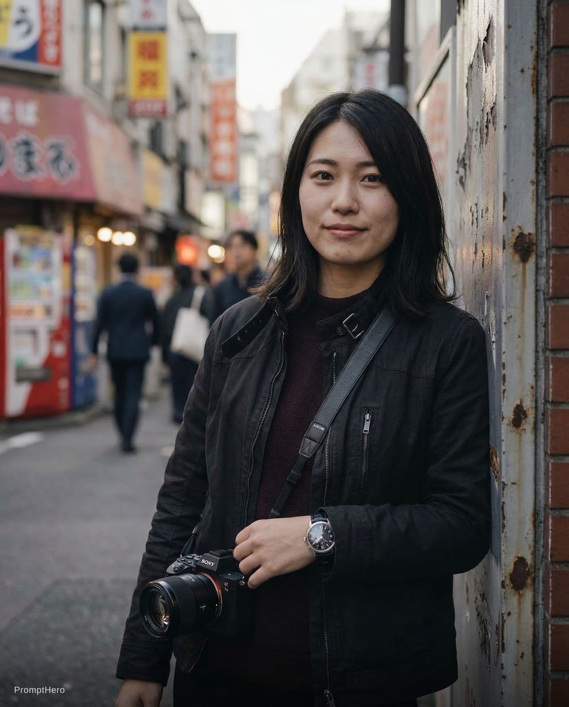 AI generated: photo of a Japanese woman, mid 20's, street scene, shot with Sony A7 III 