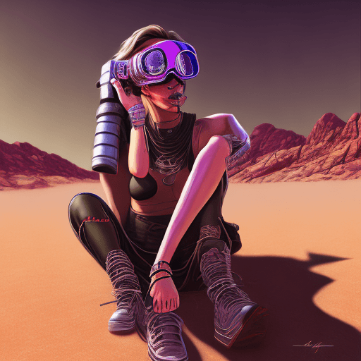 AI generated: female character wearing goggles while sitting in the desert, in the style of cyberpunk imagery, rea...
