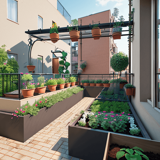 AI generated: small garden with planting pots on the balcony of a modern C-shaped apartment building with brick fi...