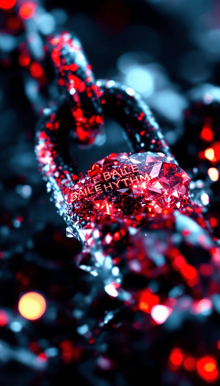 AI generated: big diamond ice out cuba chain. On the Chain  is the text: BAILE RHYTHM" in a abstract red diamond f...