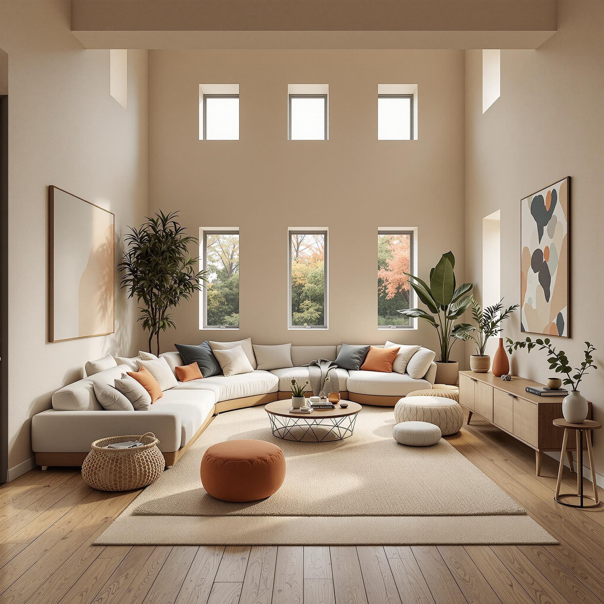 AI generated: High resolution photography interior design, dreamy sunken living room conversation pit, wooden floo...