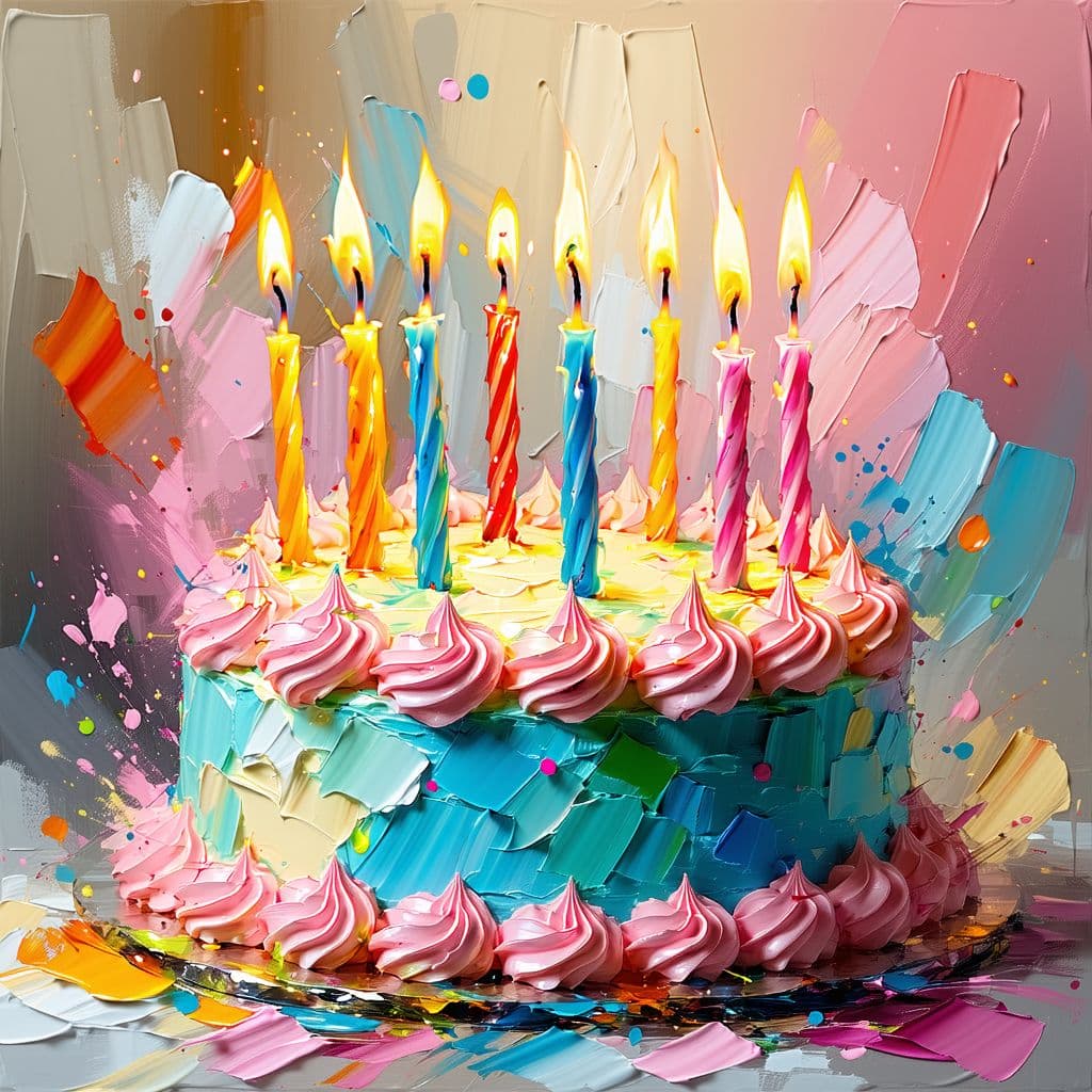 AI generated: A vibrant, abstract impressionist painting of a birthday cake with lit candles. The cake has pastel ...