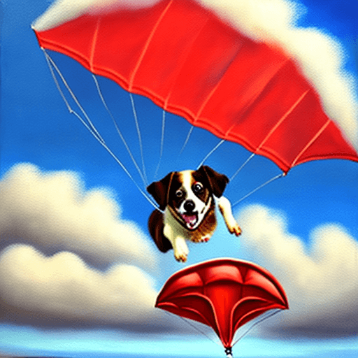 AI generated: Falling happy dog attached to one red parachute amidst sunny clouds.
Style: oil painting