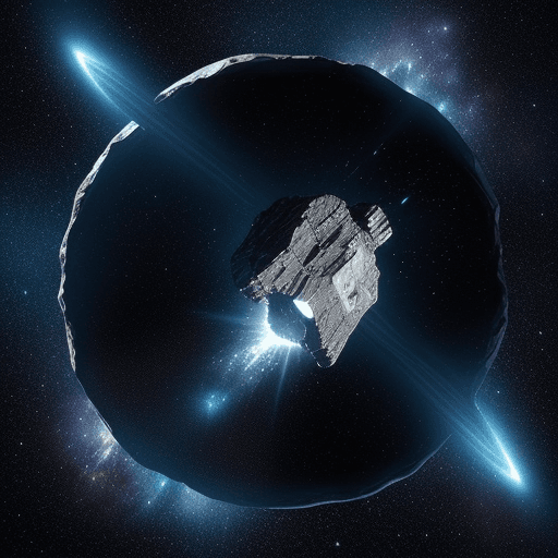 AI generated: alien spacecraft flying through asteroid field::1 detailed painting of outer space::1 small spaceshi...