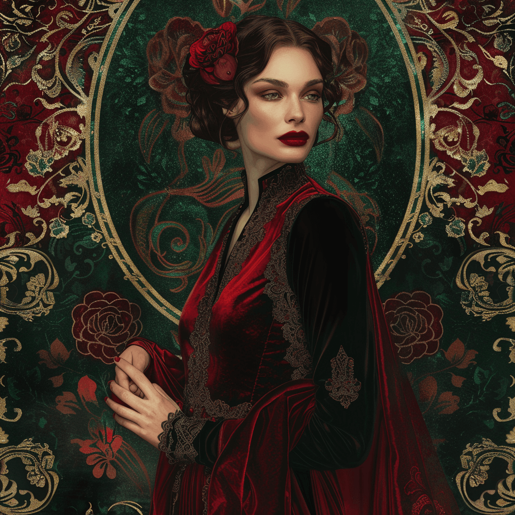 AI generated: Create a vintage portrait or fashion illustration inspired by Victorian-era elegance. Use crimson re...